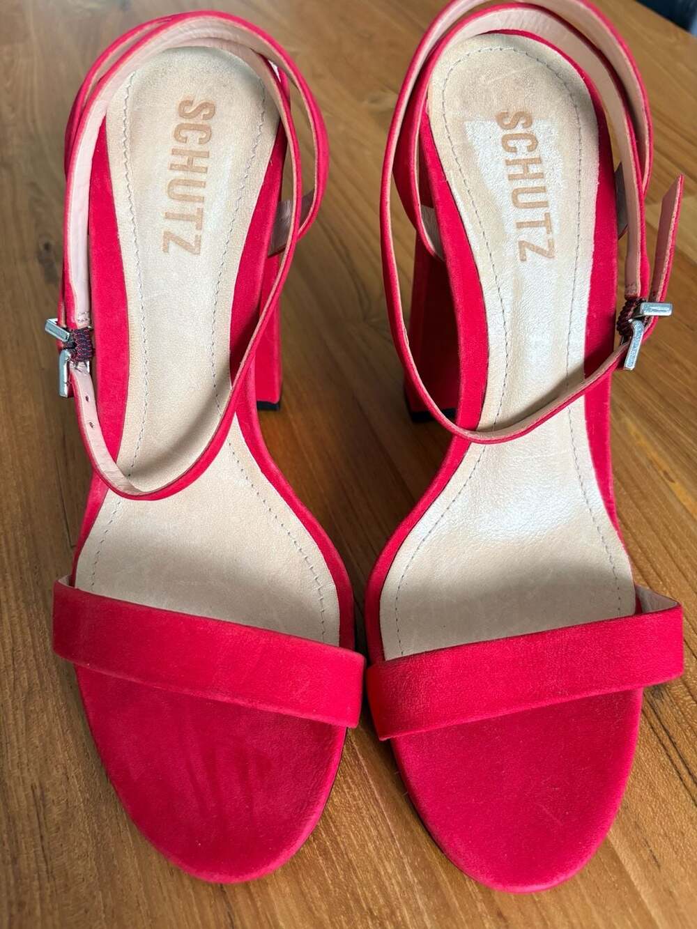 Schutz Enida Red Suede Ankle Strap Block Heel Sandals